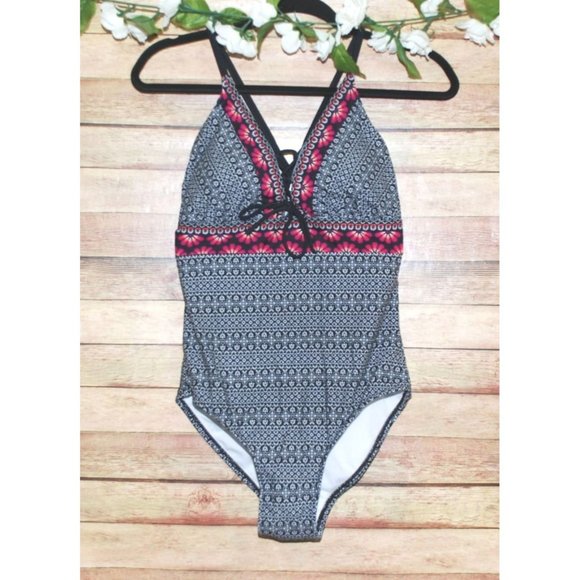 Kona Sol Black White Swimsuit Cut Out Back One Piece Size M V-Neck Floral Trim - Picture 2 of 11